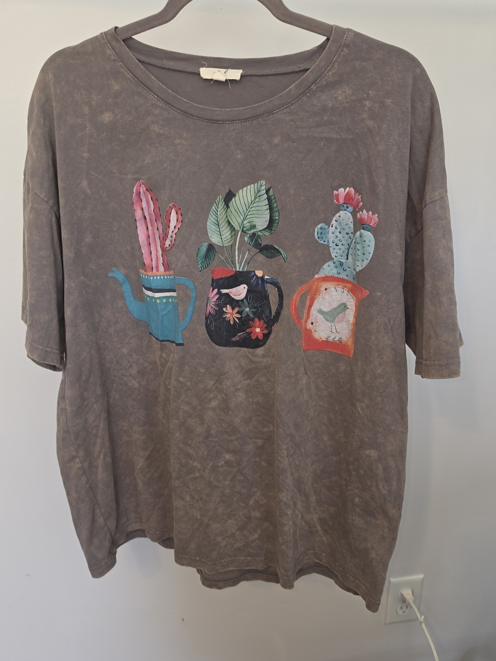easel Brown Tee with Colorful Potted Plant Graphics